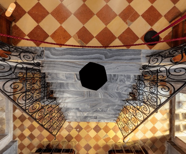 Looking down at the Nadir in Pano2VR. There is a hole where the tripod was.