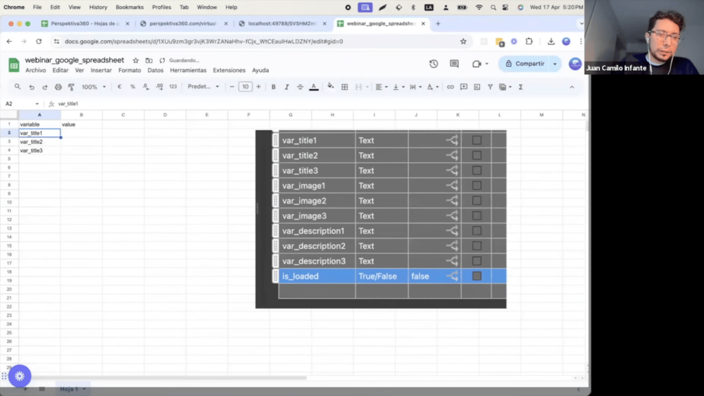 A screenshot from Pano2VR webinar on creating client-manageable projects given by Perspective 360. The screenshot shows a google drive sheet and Pano2VR.