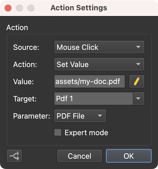 Set Value action added to a button. When it’s clicked, the PDF set as the value will open in the element, Pdf 1.