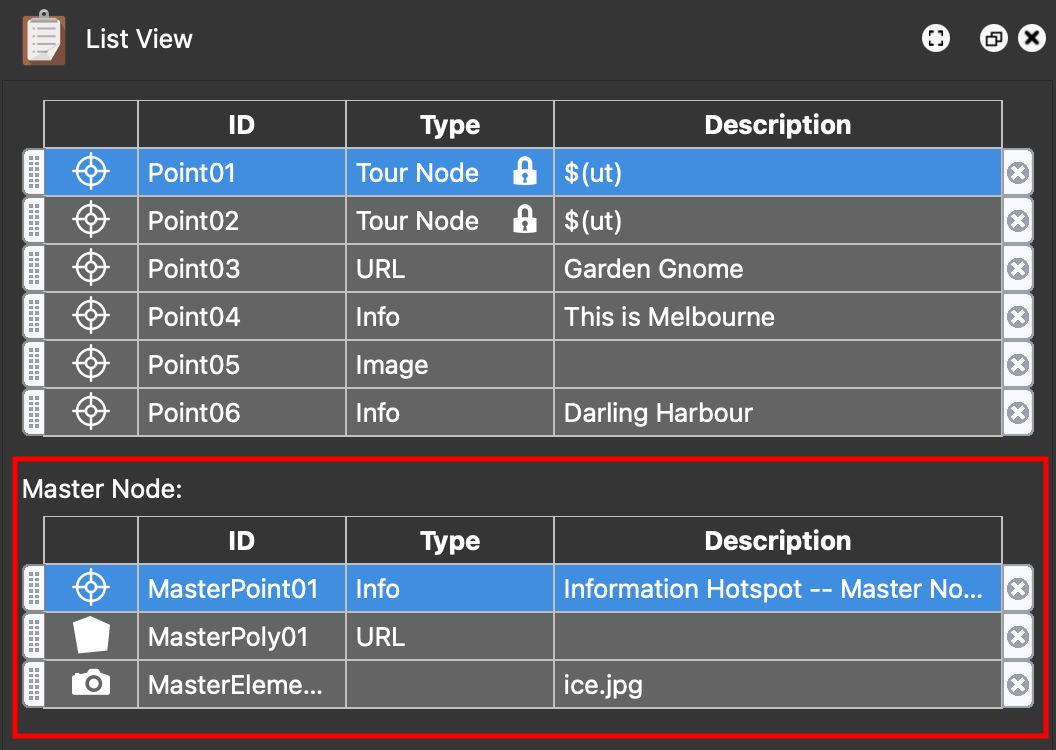 Master Node elements in List View.