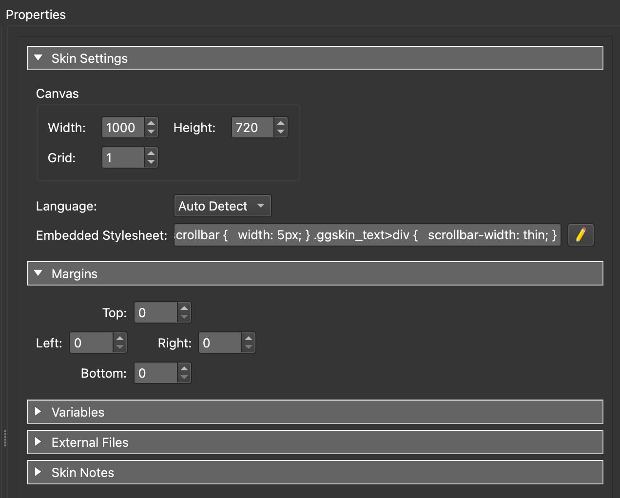 Skin Editor Properties Panel