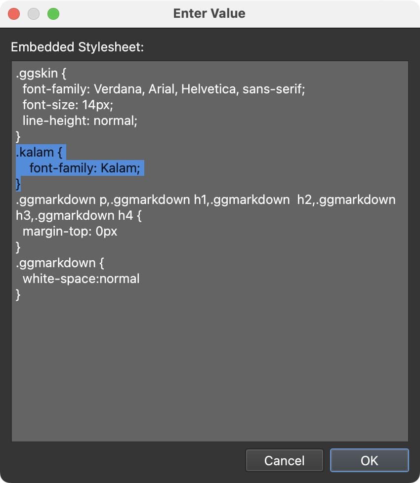 Kalam font added as class in the Embedded Stylesheet.