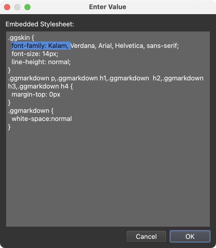 Kalam font added as part of the default style in the Embedded Stylesheet.