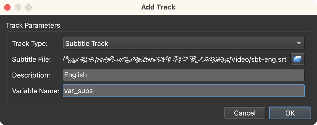 The Add Track dialog with the subtitle track settings.
