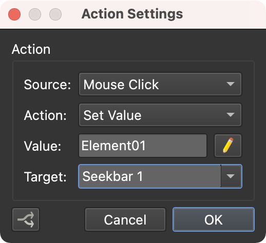 A play button with the Set Value action applied. When it’s clicked, the seekbar will control the element set as the value.