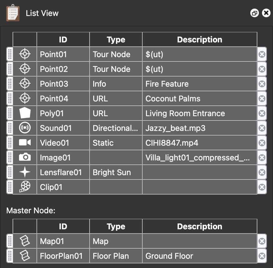 Master Node elements in List View.