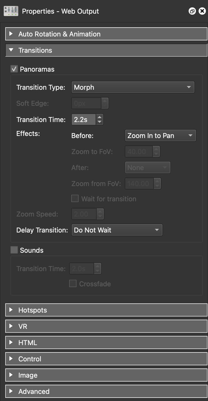 Add a Morph transition for a walk-through effect between tour nodes.
