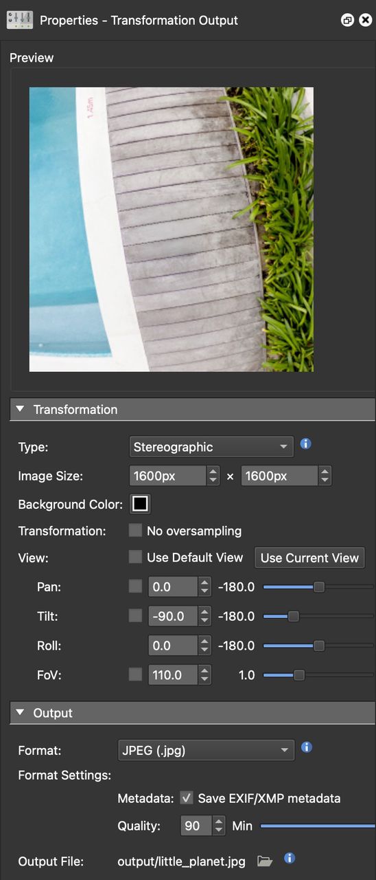 Transformation Output Settings for a Droplet