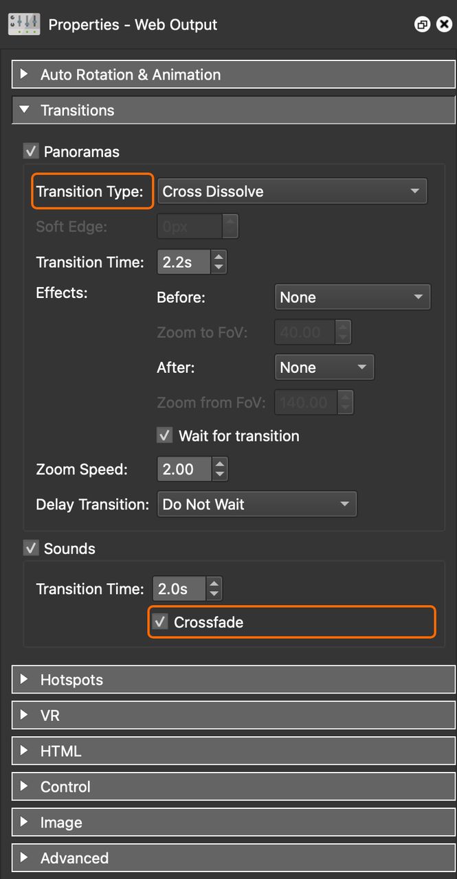 Transitions add in Web Output settings.