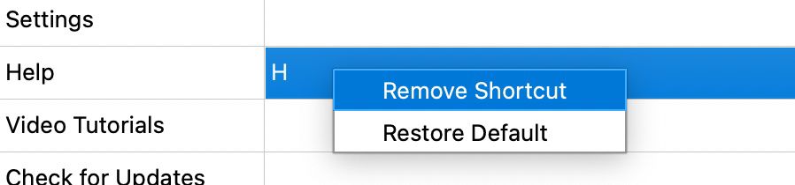 Keyboard Shortcuts context menu.