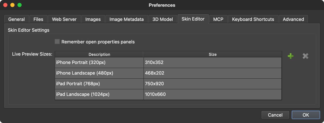 Skin Editor Settings