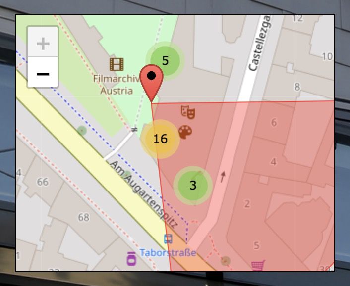 Nearby pins grouped into clusters that show how many pins they hold.