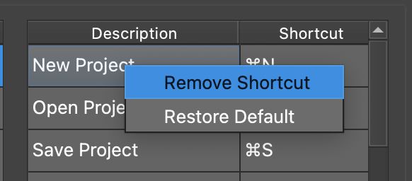 Keyboard Shortcuts context menu.