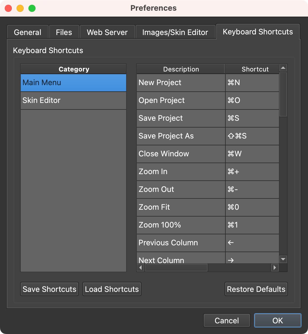 Keyboard Shortcuts Tab