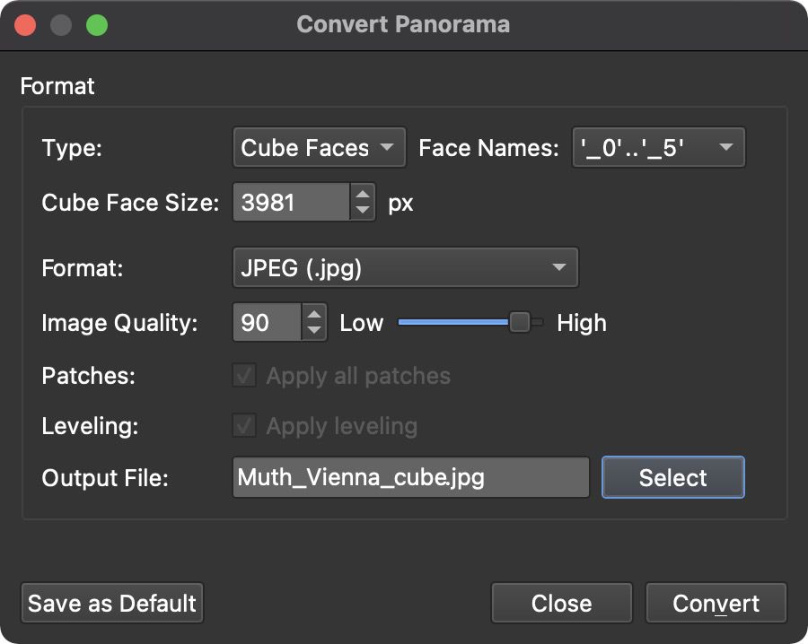 Choose Cube Faces in the Convert Panorama dialog.