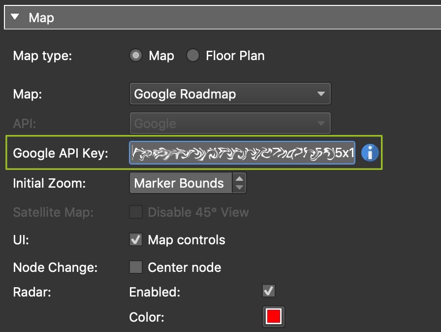 Add your API key to the Map element settings.