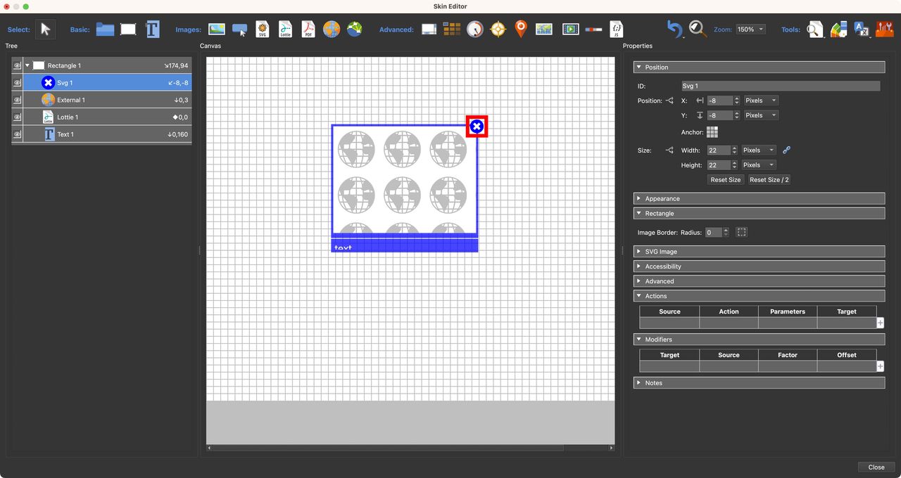The close button colored blue.
