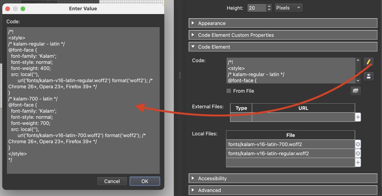 CSS added to the code section and the font files add to Local Files.