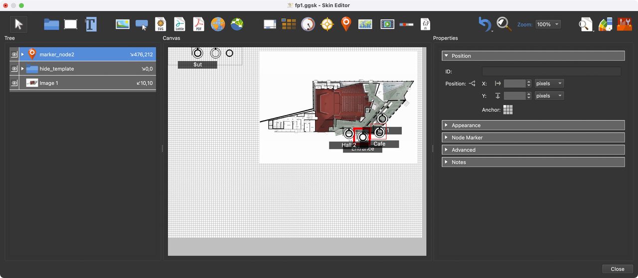 Floor plan and markers added to the skin.