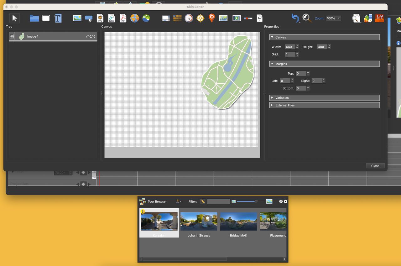 Tour Browser detached from main program window to allow dragging nodes in to the skin’s canvas.
