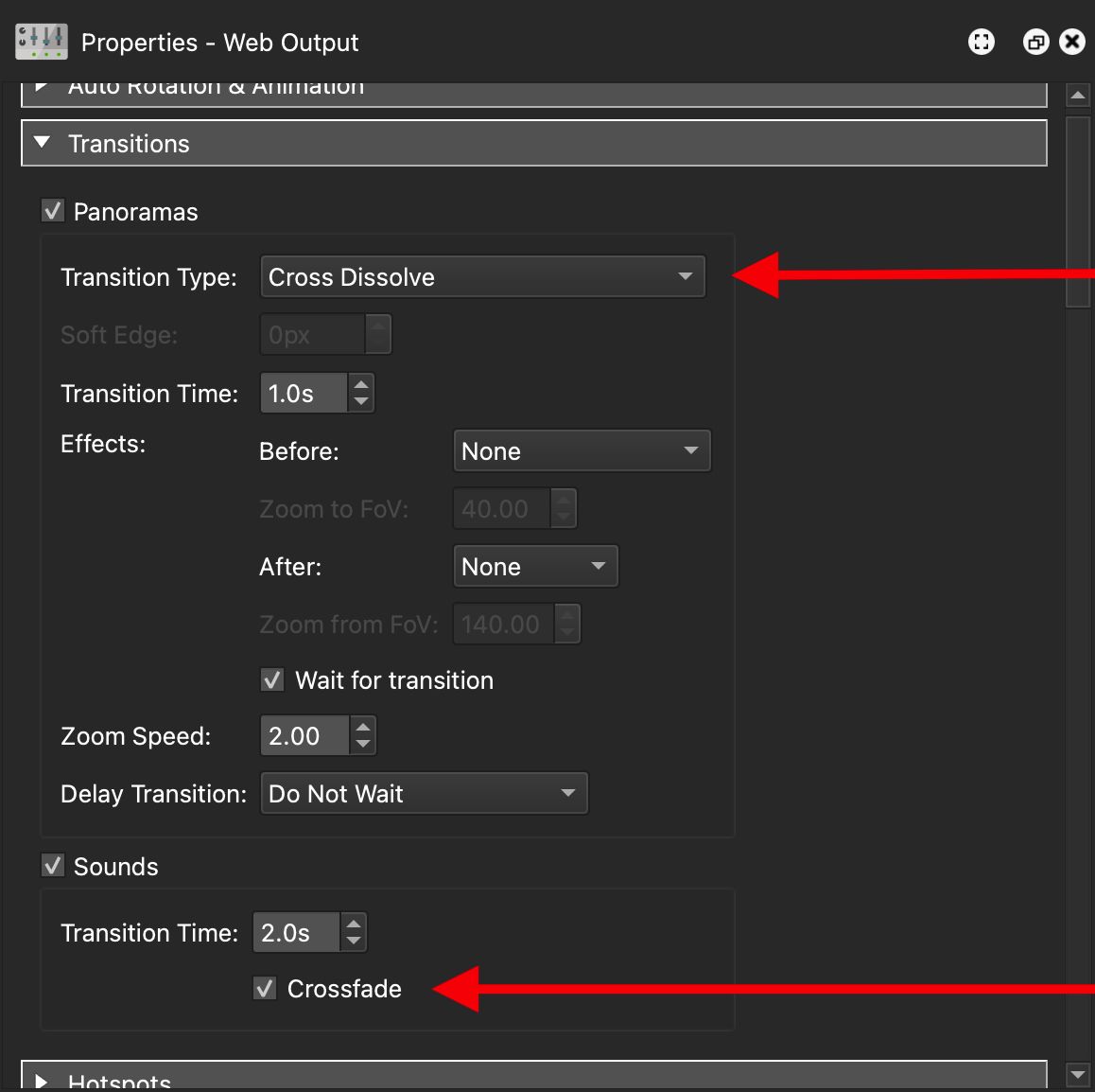 Transitions add in Web Output settings.