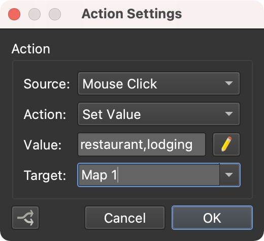 A button with the Set Value action applied. When it&rsquo;s clicked, only the restaurant and lodging map pins will show.