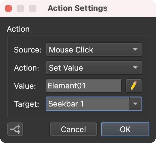 A play button with the Set Value action applied. When it&rsquo;s clicked, the seekbar will control the element set as the value.