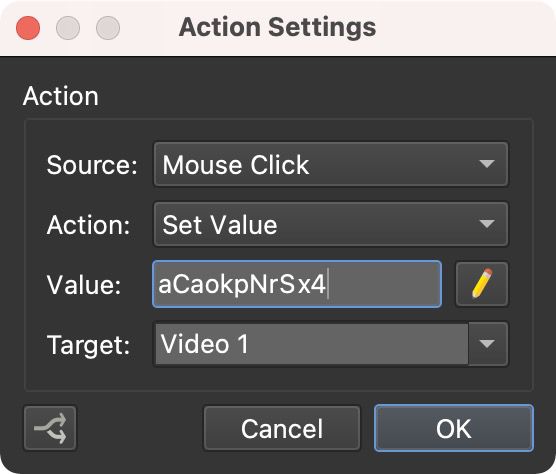 Set Value action applied to a button. When the button is clicked, the Video element will play the video indicated as the value.