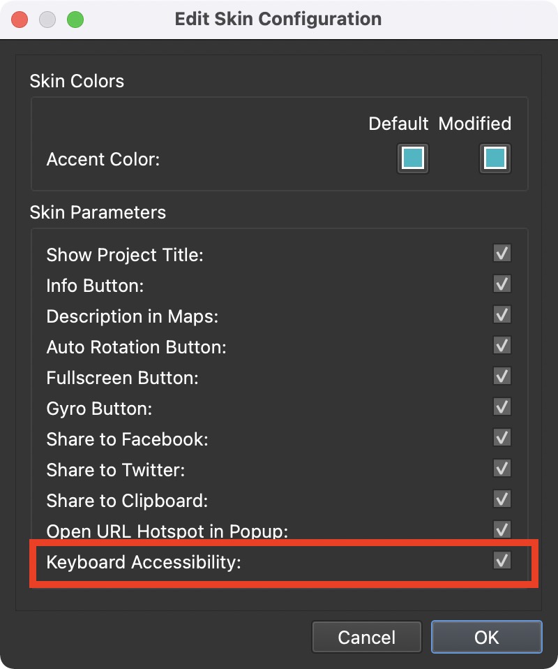 Keyboard Accessibility added to the Edit Skin Configuration for the Orb skin in Pano2VR 7 for accessible virtual tours.