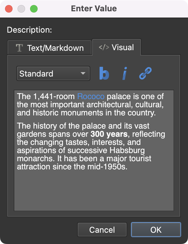 Pano2VR's rich text editor that support Markdown adding information about the VR tour.