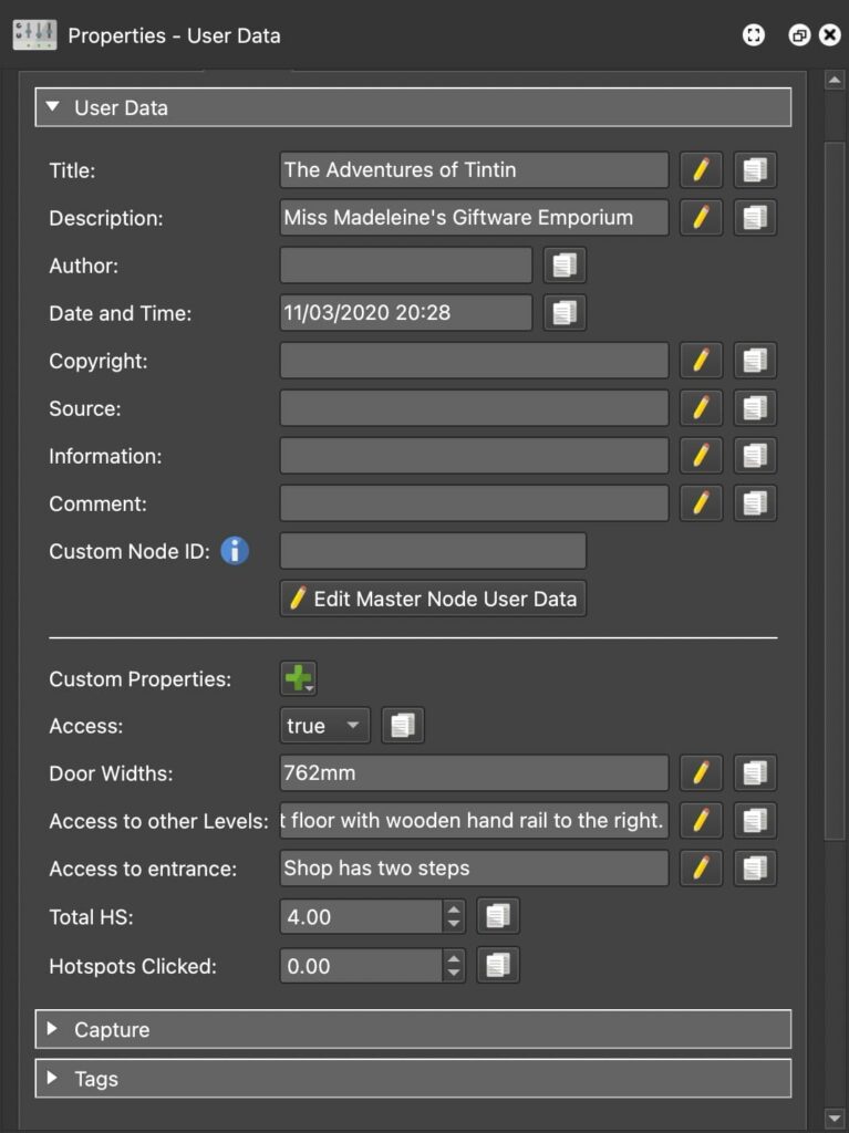 A screenshot of Pano2VR 7's Property Panel, showing the User Data with Custom Properties.