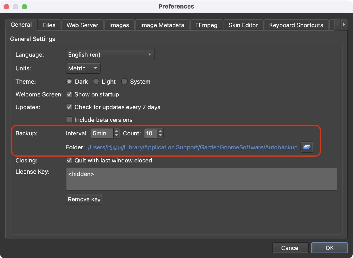 A screenshot of the General Settings of Pano2VR with the Backup settings highlighted.