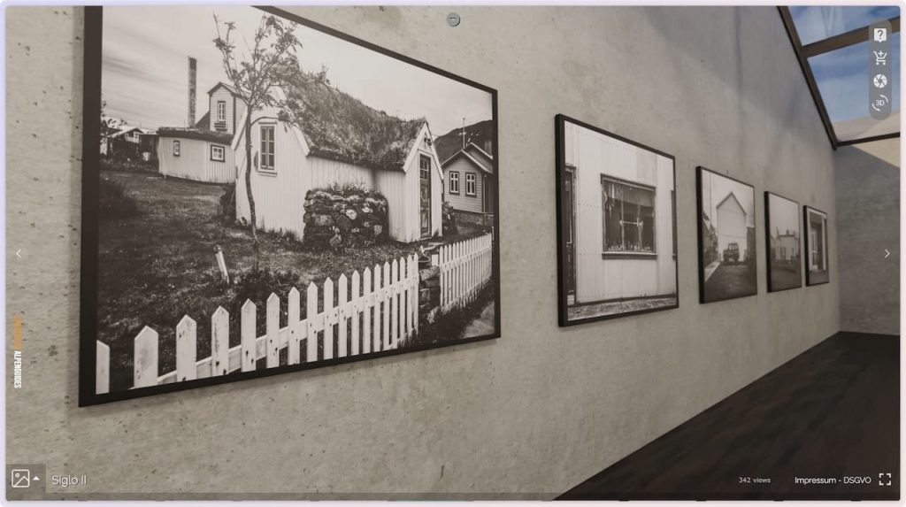 This is a screenshot of Claudio's virtual gallery created with Pano2VR. It is showing a wall of framed, black and white photographs.