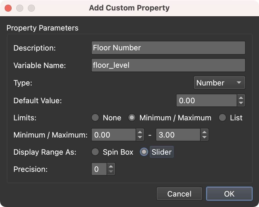 This is a screenshot of parameters for a custom property that was added to User Data. You can now add UI elements to the custom properties.