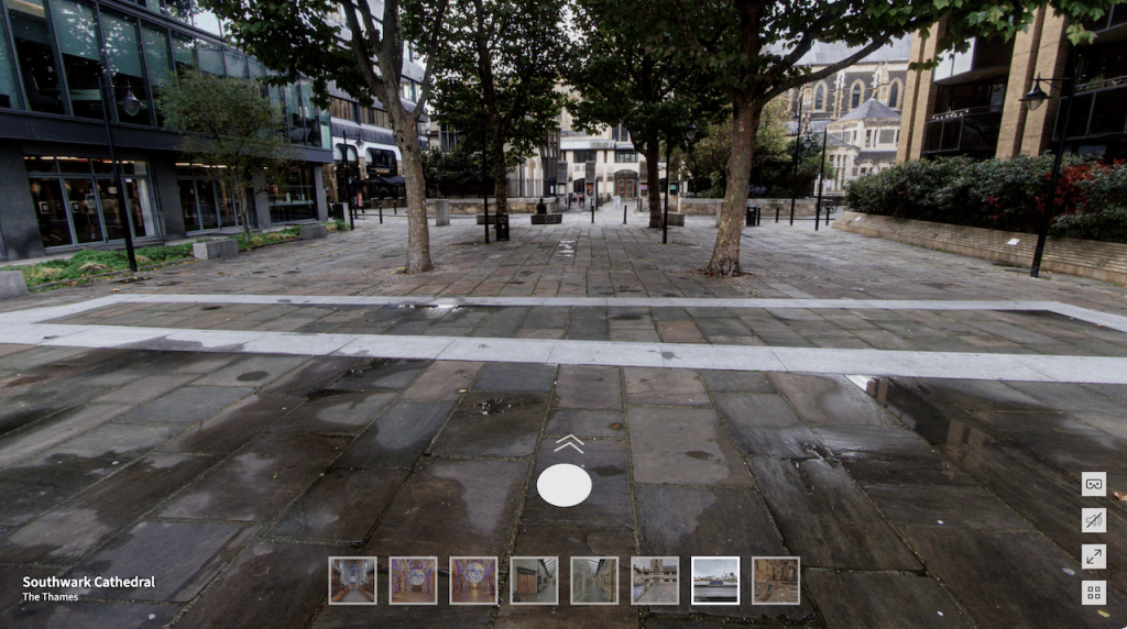 An example showing the new Quaranta skin with the Title, Node Title, Thumbnail navigation, navigation compass, and buttons to the right. This examples shows the light them with square icons.