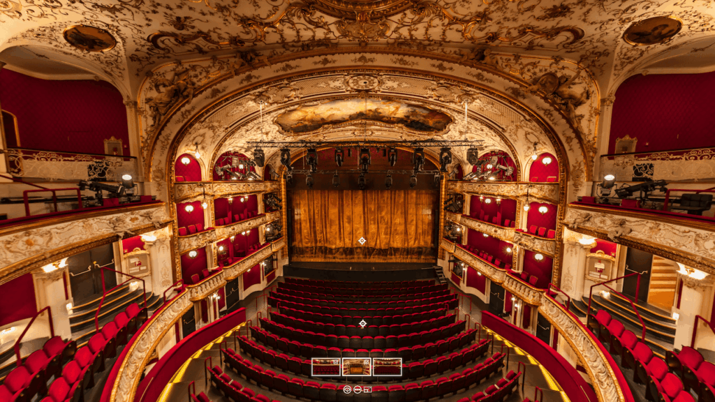 Screenshot of a Pano2VR virtual tour interface showing an interactive 360° panorama of Vienna's Volkstheater.